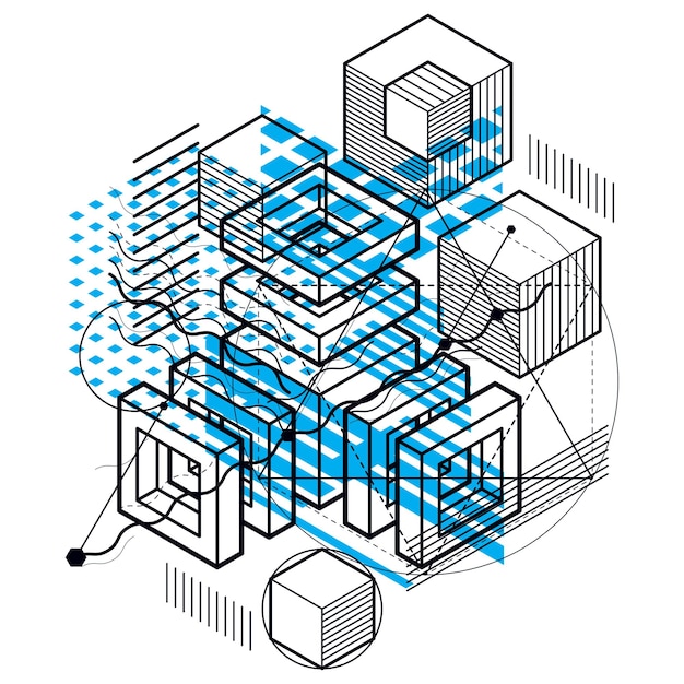 Vector isometric abstraction with lines and different elements, vector abstract background. composition of cubes, hexagons, squares, rectangles and different abstract elements.