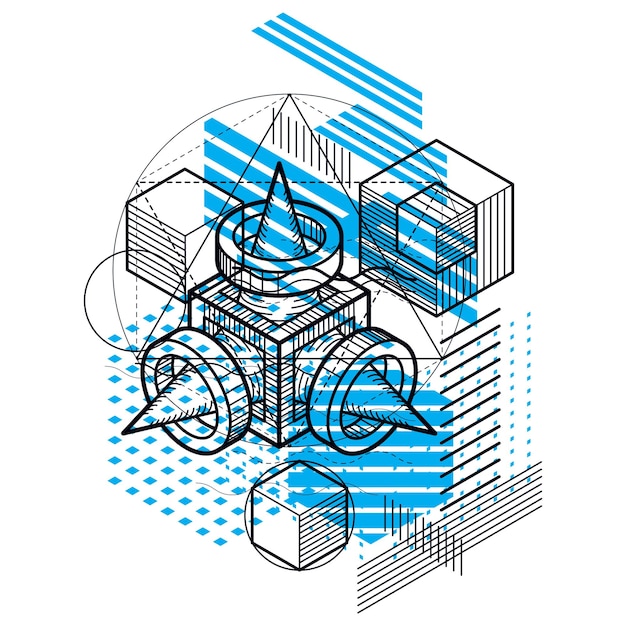 Изометрическая абстракция с линиями и различными элементами, векторный абстрактный фон. Композиция из кубов, шестиугольников, квадратов, прямоугольников и различных абстрактных элементов.