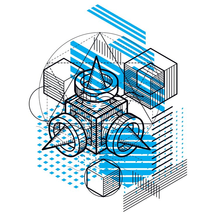 Vector isometric abstraction with lines and different elements, vector abstract background. composition of cubes, hexagons, squares, rectangles and different abstract elements.