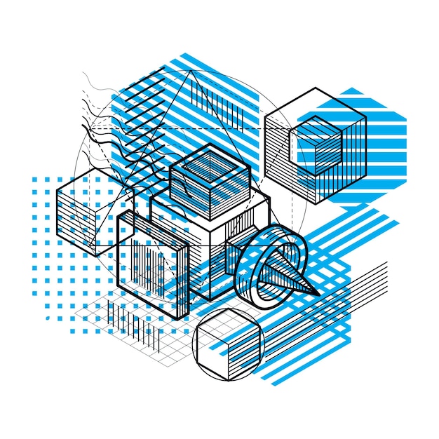 Isometric abstraction with lines and different elements, vector abstract background. Composition of cubes, hexagons, squares, rectangles and different abstract elements.