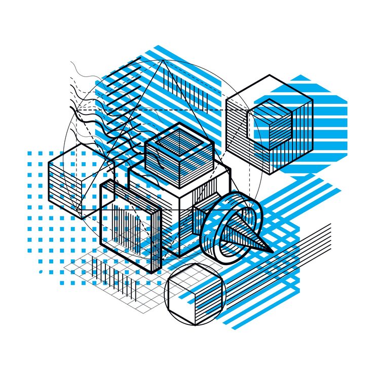 Вектор изометрическая абстракция с линиями и различными элементами, векторный абстрактный фон. композиция из кубов, шестиугольников, квадратов, прямоугольников и различных абстрактных элементов.