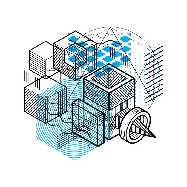 isometric abstraction with lines and different elements, vector abstract background. composition of cubes, hexagons, squares, rectangles and different abstract elements.