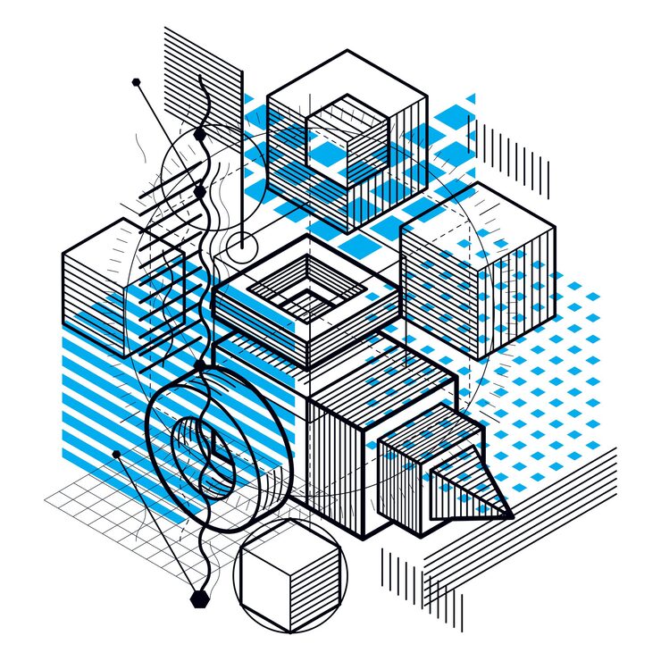 Vector 선과 다양한 요소를 사용한 아이소메트릭 추상화, 벡터 추상 배경. 큐브, 육각형, 정사각형, 직사각형 및 다양한 추상 요소로 구성됩니다.