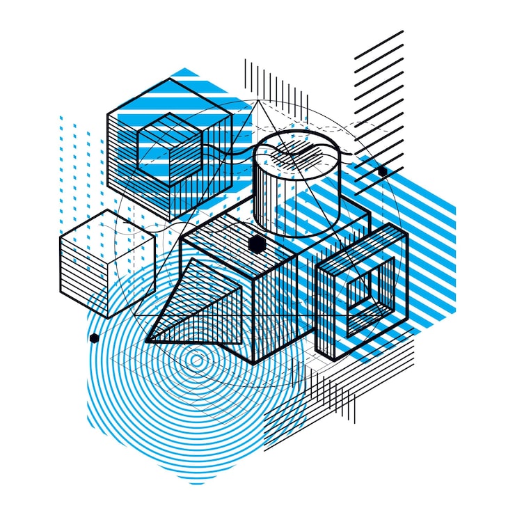 Vector 선과 다양한 요소를 사용한 아이소메트릭 추상화, 벡터 추상 배경. 큐브, 육각형, 정사각형, 직사각형 및 다양한 추상 요소로 구성됩니다.