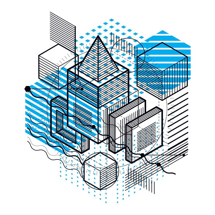 Вектор изометрическая абстракция с линиями и различными элементами, векторный абстрактный фон. композиция из кубов, шестиугольников, квадратов, прямоугольников и различных абстрактных элементов.