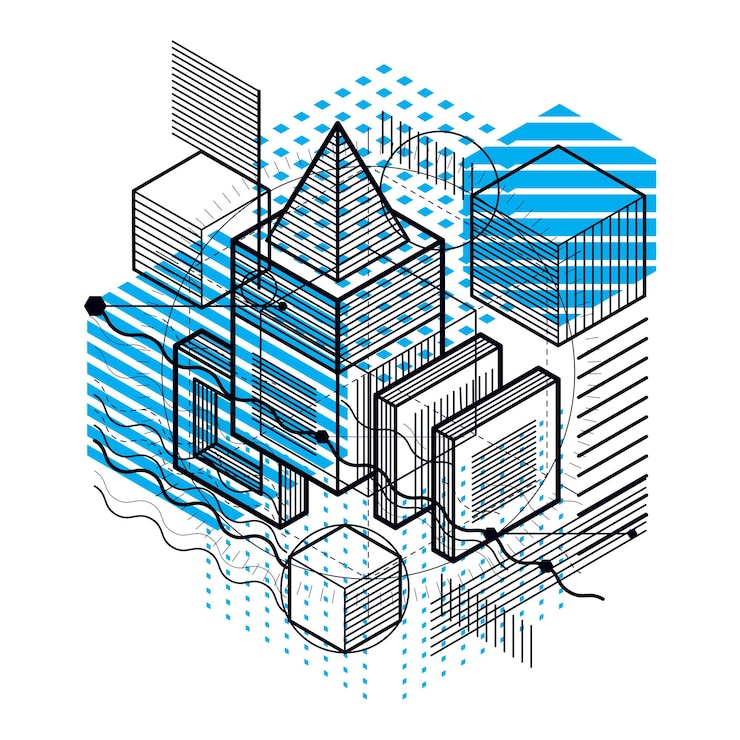 Vector isometric abstraction with lines and different elements, vector abstract background. composition of cubes, hexagons, squares, rectangles and different abstract elements.