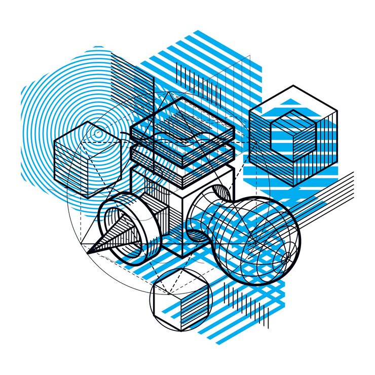 Vector isometric abstraction with lines and different elements, vector abstract background. composition of cubes, hexagons, squares, rectangles and different abstract elements.