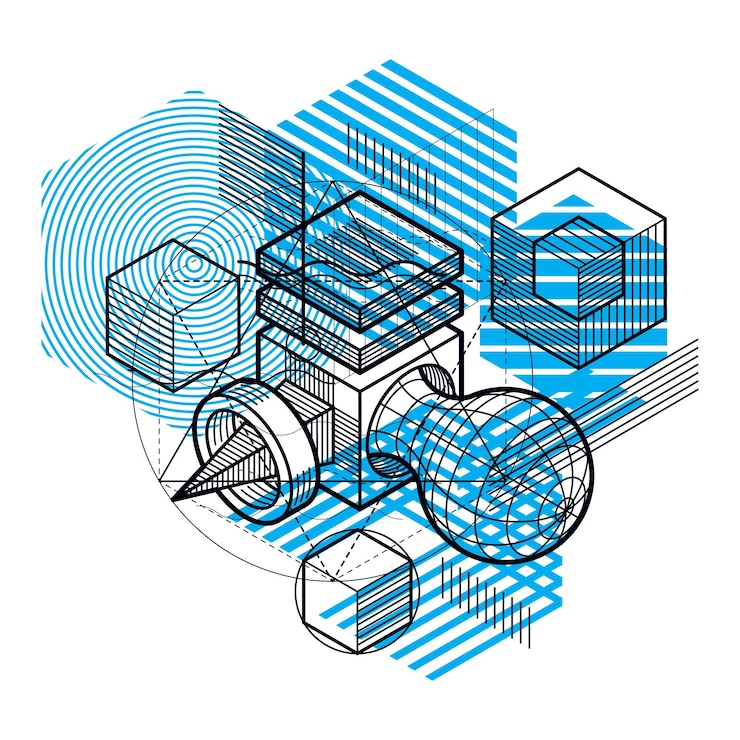 Vector isometric abstraction with lines and different elements, vector abstract background. composition of cubes, hexagons, squares, rectangles and different abstract elements.