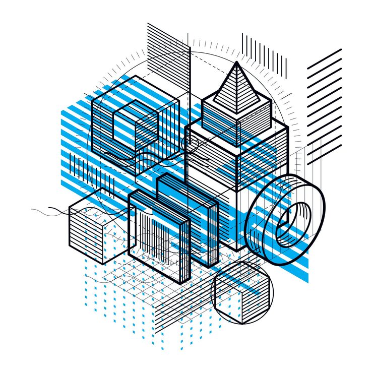 Vector isometric abstraction with lines and different elements, vector abstract background. composition of cubes, hexagons, squares, rectangles and different abstract elements.