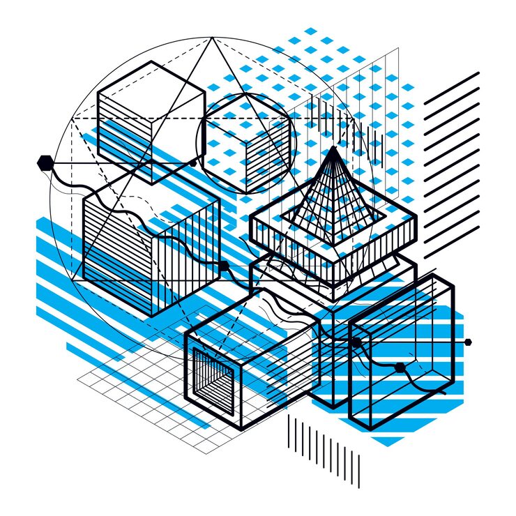Vector isometric abstraction with lines and different elements, vector abstract background. composition of cubes, hexagons, squares, rectangles and different abstract elements.