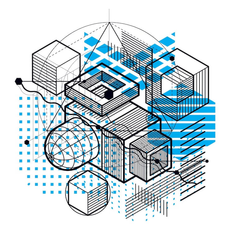 Vector isometric abstraction with lines and different elements, vector abstract background. composition of cubes, hexagons, squares, rectangles and different abstract elements.