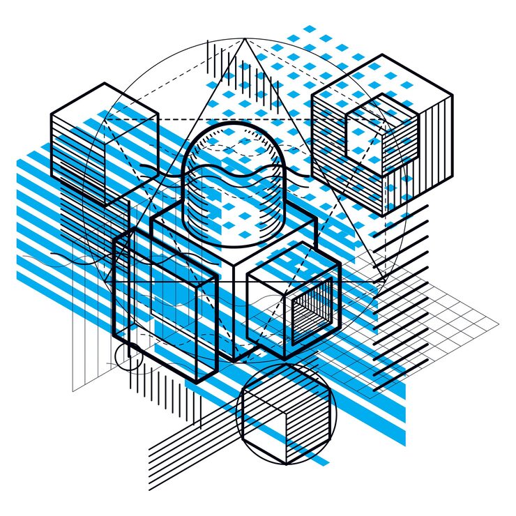 Vector 선과 다양한 요소를 사용한 아이소메트릭 추상화, 벡터 추상 배경. 큐브, 육각형, 정사각형, 직사각형 및 다양한 추상 요소로 구성됩니다.