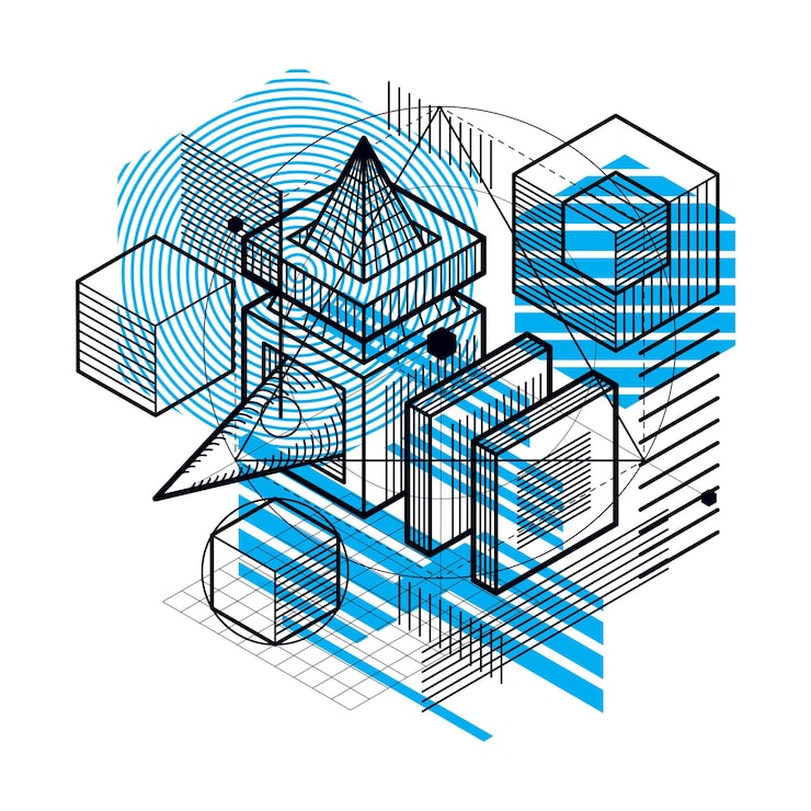Vector isometric abstraction with lines and different elements, vector abstract background. composition of cubes, hexagons, squares, rectangles and different abstract elements.