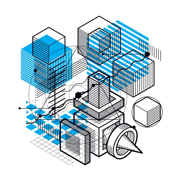 Vector isometric abstraction with lines and different elements, vector abstract background. composition of cubes, hexagons, squares, rectangles and different abstract elements.