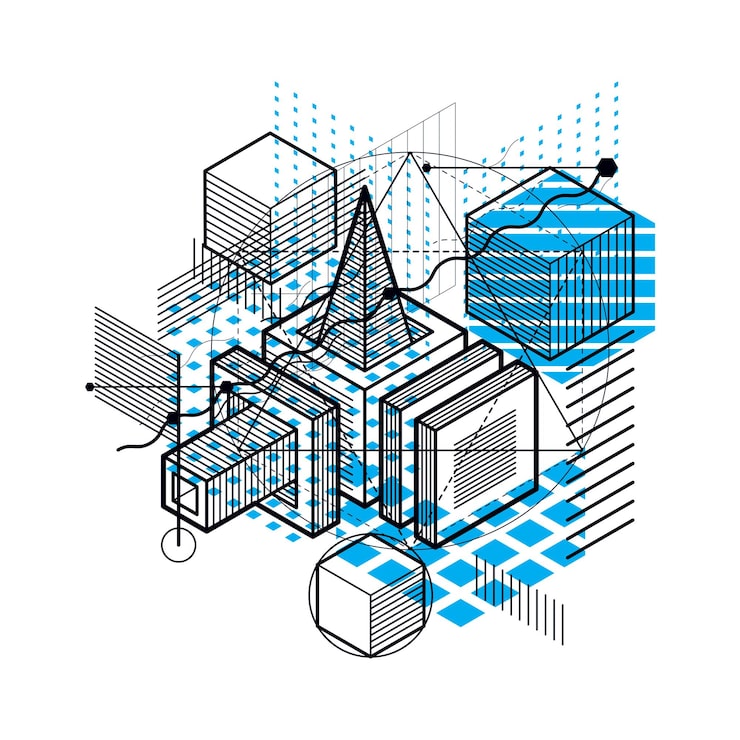 Вектор изометрическая абстракция с линиями и различными элементами, векторный абстрактный фон. композиция из кубов, шестиугольников, квадратов, прямоугольников и различных абстрактных элементов.
