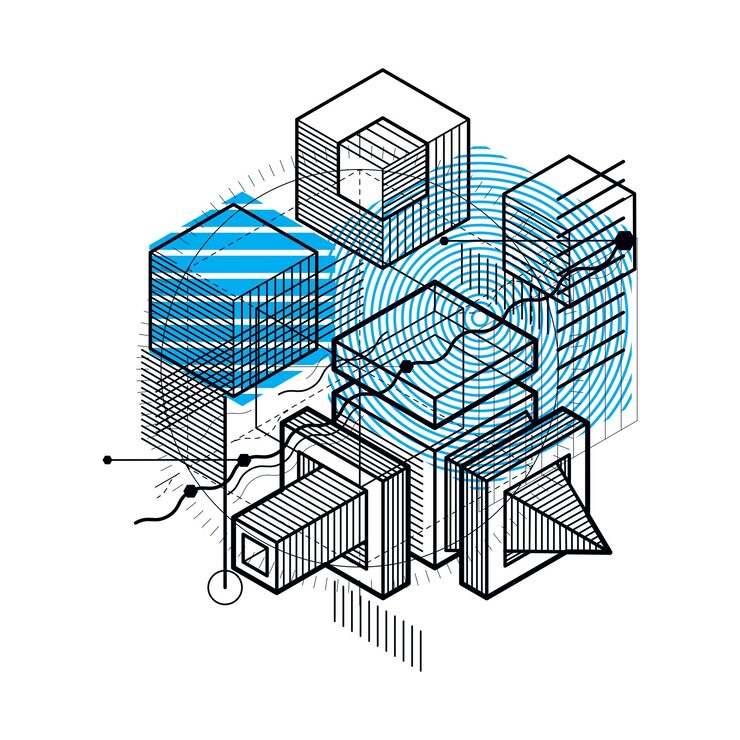 Vector isometric abstraction with lines and different elements, vector abstract background. composition of cubes, hexagons, squares, rectangles and different abstract elements.