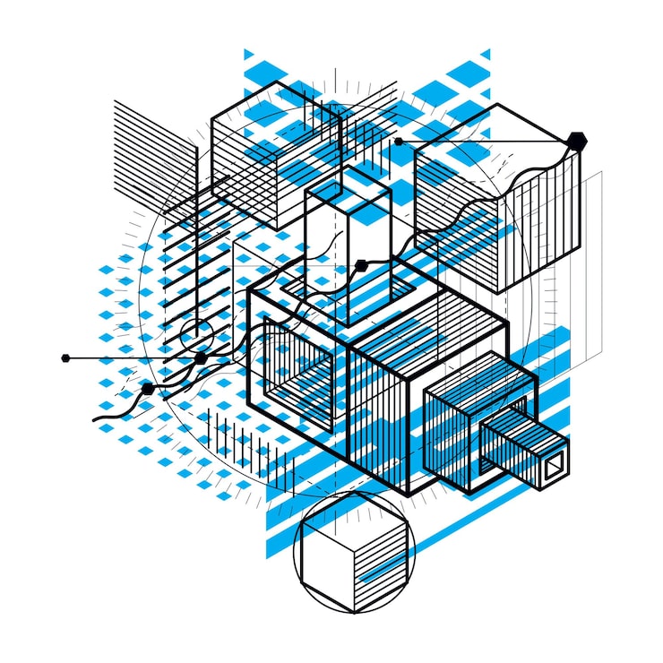 Vector isometric abstraction with lines and different elements, vector abstract background. composition of cubes, hexagons, squares, rectangles and different abstract elements.