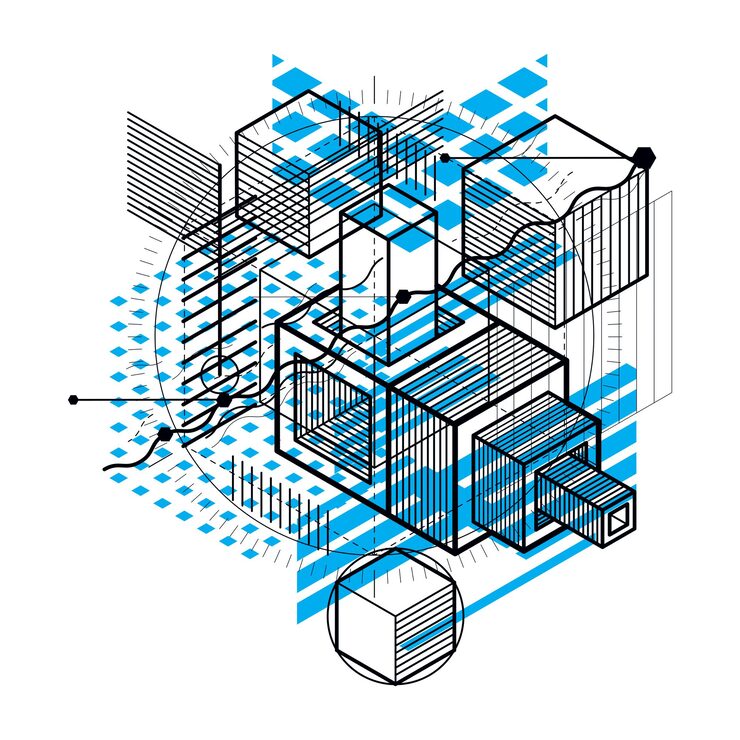 Vector isometric abstraction with lines and different elements, vector abstract background. composition of cubes, hexagons, squares, rectangles and different abstract elements.
