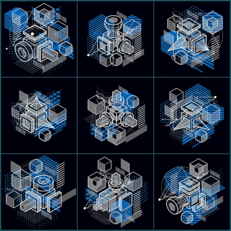 Vector 有線和不同元素的同度抽象,向量抽象背景.立方體,六角形,正方形,長方形和不同抽象元素的組成.向量集合.