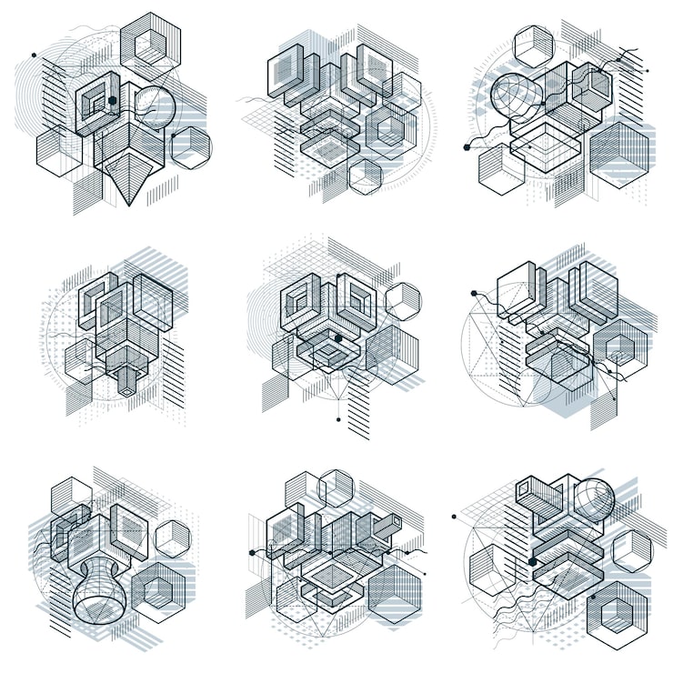 Vector 有線和不同元素的同度抽象,向量抽象背景.立方體,六角形,正方形,長方形和不同抽象元素的組成.向量集合.