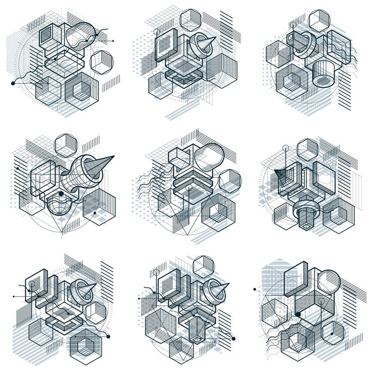 Vector isometric abstractions with lines and different elements, vector abstract backgrounds. compositions of cubes, hexagons, squares, rectangles and different abstract elements. vector set.
