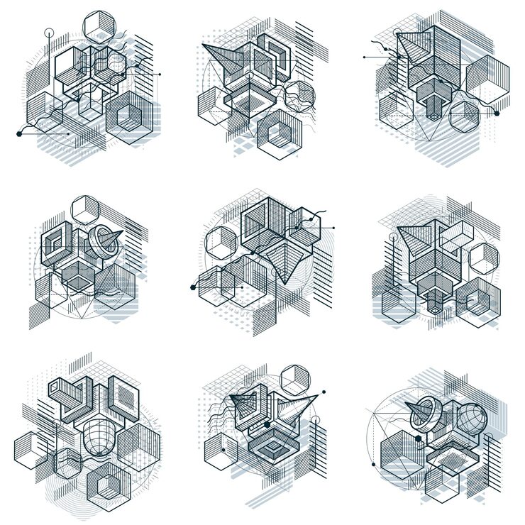 Vector 선과 다양한 요소가 있는 아이소메트릭 추상화, 벡터 추상 배경. 큐브, 육각형, 정사각형, 직사각형 및 다양한 추상 요소의 구성입니다. 벡터 집합입니다.