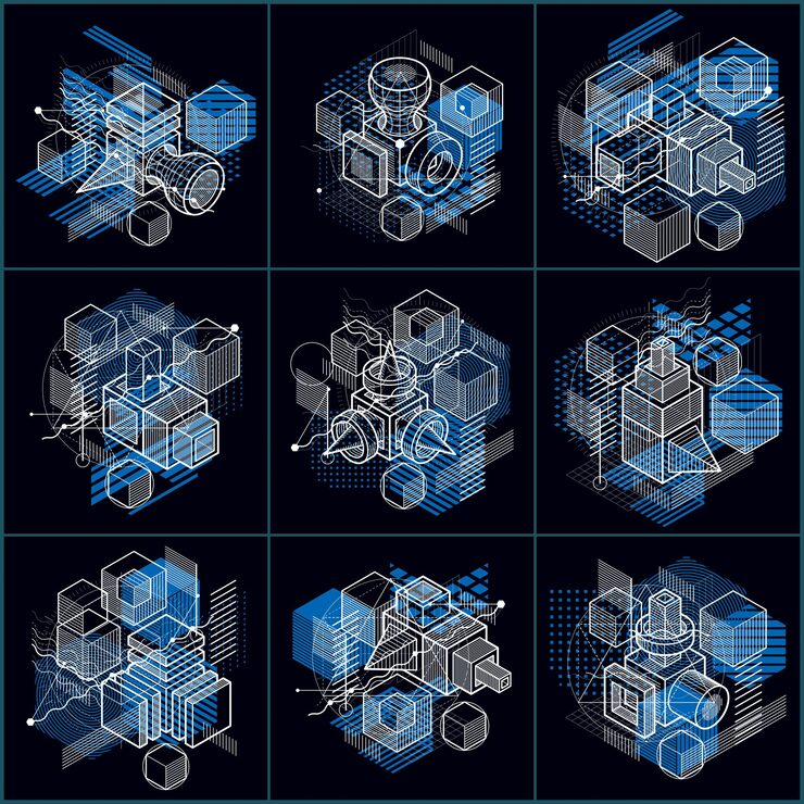 Vector 선과 다양한 요소가 있는 아이소메트릭 추상화, 벡터 추상 배경. 큐브, 육각형, 정사각형, 직사각형 및 다양한 추상 요소의 구성입니다. 벡터 집합입니다.