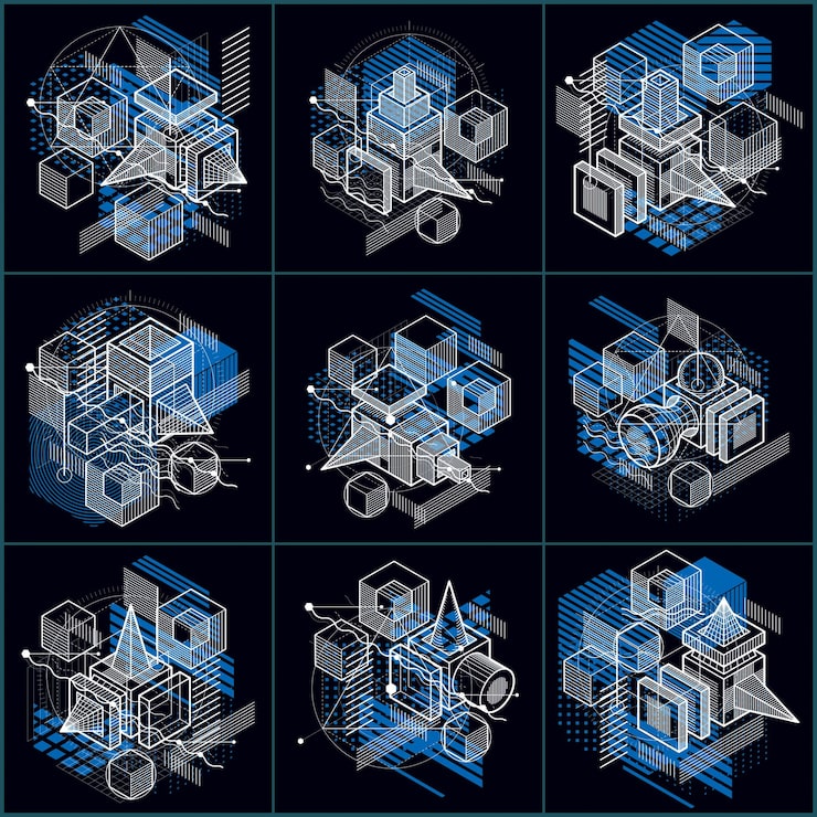 Vector isometric abstractions with lines and different elements, vector abstract backgrounds. compositions of cubes, hexagons, squares, rectangles and different abstract elements. vector set.
