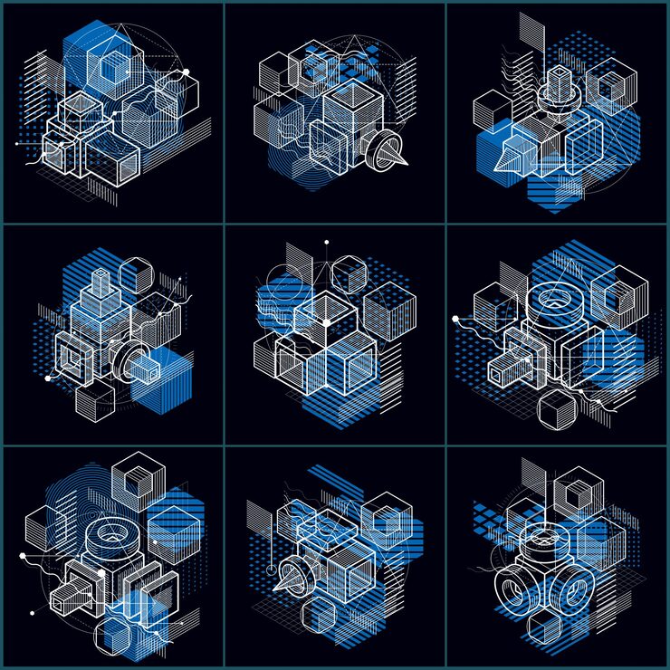 Vector isometric abstractions with lines and different elements, vector abstract backgrounds. compositions of cubes, hexagons, squares, rectangles and different abstract elements. vector set.