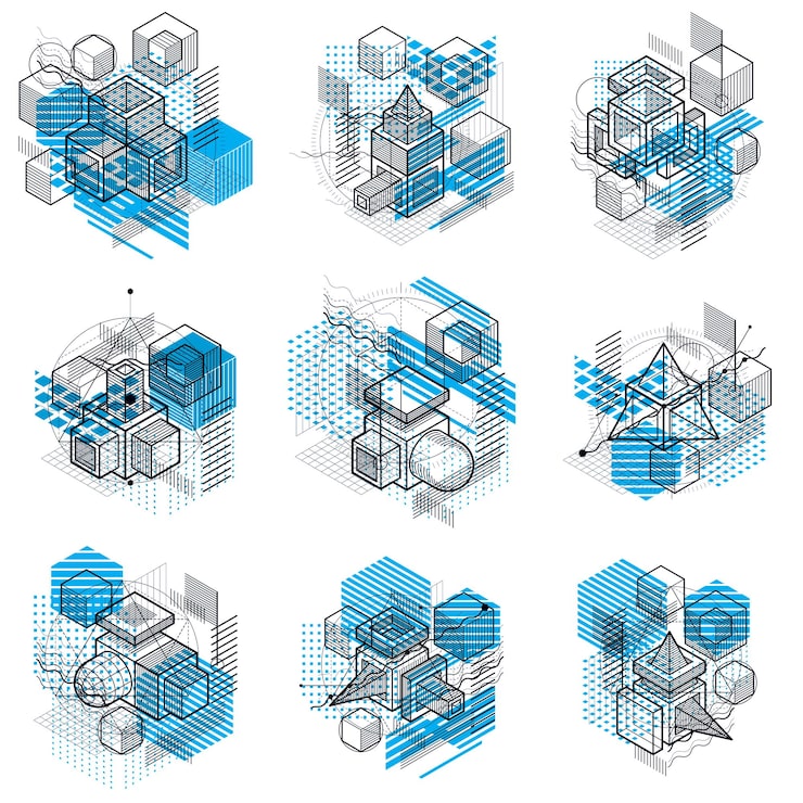 Vector 선과 다양한 요소가 있는 아이소메트릭 추상화, 벡터 추상 배경. 큐브, 육각형, 정사각형, 직사각형 및 다양한 추상 요소의 구성입니다. 벡터 집합입니다.