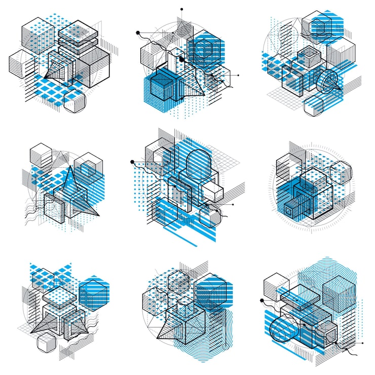 Vector isometric abstractions with lines and different elements, vector abstract backgrounds. compositions of cubes, hexagons, squares, rectangles and different abstract elements. vector set.