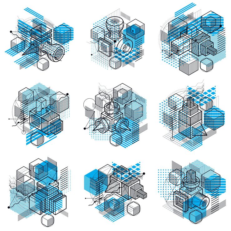 Vector 선과 다양한 요소가 있는 아이소메트릭 추상화, 벡터 추상 배경. 큐브, 육각형, 정사각형, 직사각형 및 다양한 추상 요소의 구성입니다. 벡터 집합입니다.