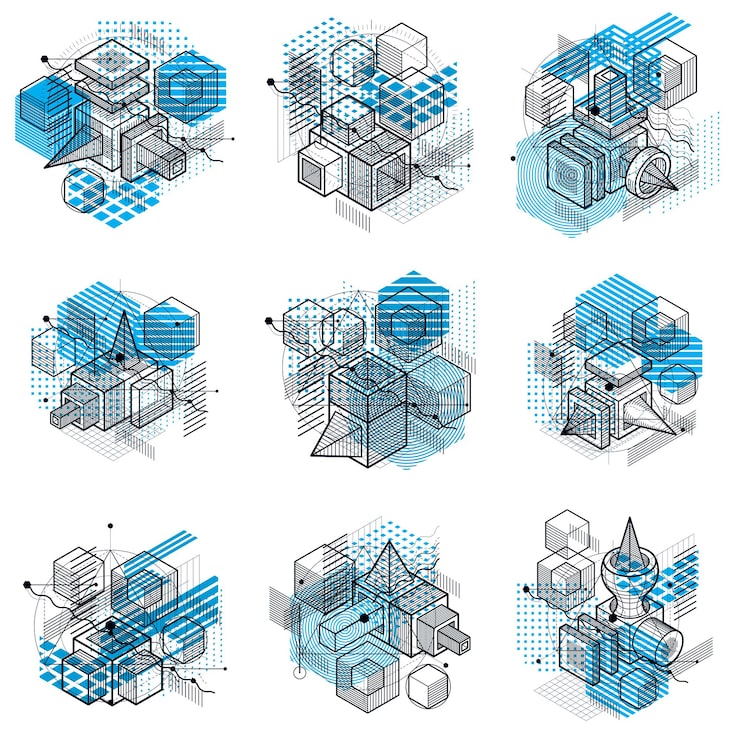 Vector 有線和不同元素的同度抽象,向量抽象背景.立方體,六角形,正方形,長方形和不同抽象元素的組成.向量集合.