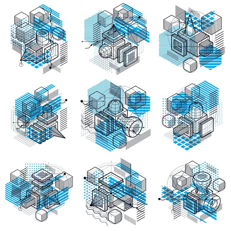 Vector 선과 다양한 요소가 있는 아이소메트릭 추상화, 벡터 추상 배경. 큐브, 육각형, 정사각형, 직사각형 및 다양한 추상 요소의 구성입니다. 벡터 집합입니다.