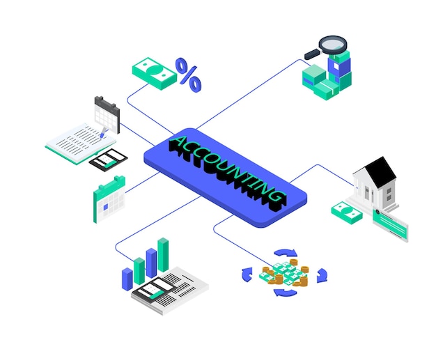 Isometric accounting banner and element to record all financial transaction