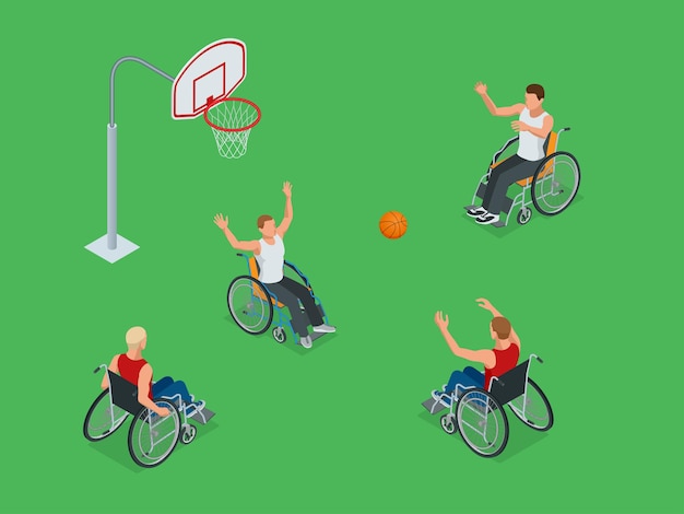 Vector isometric active healthy disabled men basketball players in a wheelchair detailed sport concept illustration background vector.