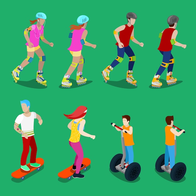 Isometric Active Sporty People on Roller-Skates