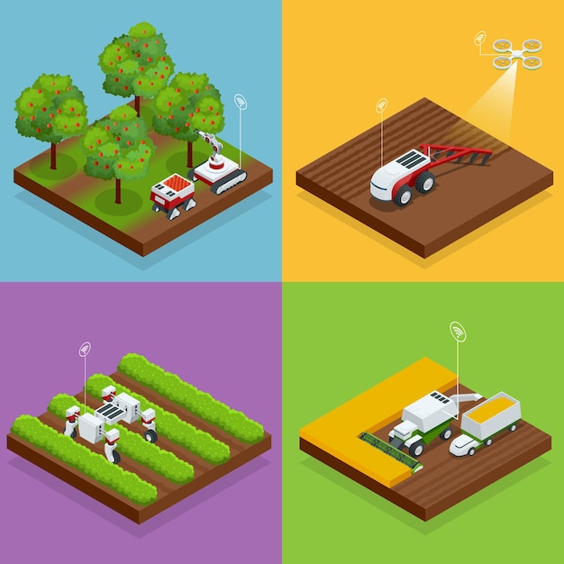 Isometric agriculture automatic guided robots harvest fruit from trees and harvest berries, combined harvester-thresher in the field.