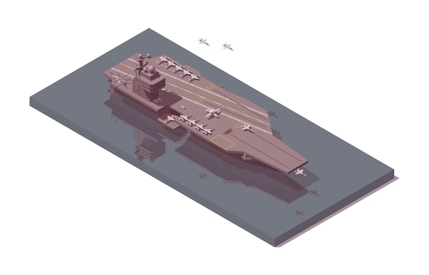 Isometric aircraft carrier vessel. Low poly navy ship with fighters. Vector illustrator. Collection