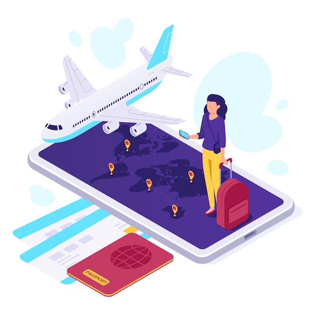 Isometric airplane travel. traveler suitcase, airplane travels and traveling 3d vector illustration