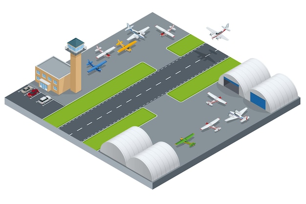 Isometric airport building airport building with the runway airport field