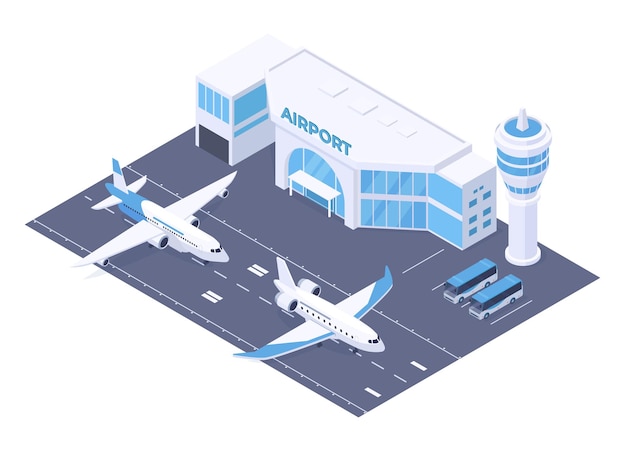 Vector isometric airport building and runway plane taking off international airport terminal isolated vector illustration city airport runway strip air transportation infrastructure departure
