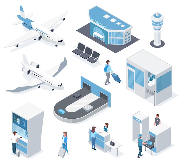 Elementi isometrici aeroportuali passeggeri aereo controllo passaporti e terminal set di illustrazioni vettoriali per il ritiro bagagli e l'edificio dell'aeroporto attrezzature aeroportuali come trasportatore per la scansione dei bagagli