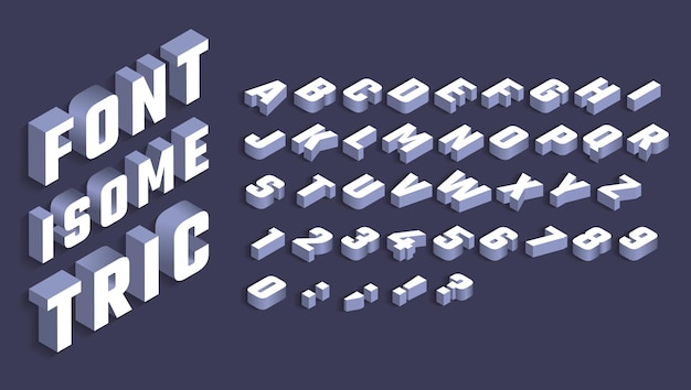 Vector isometric alphabet white letters and numbers with shadow