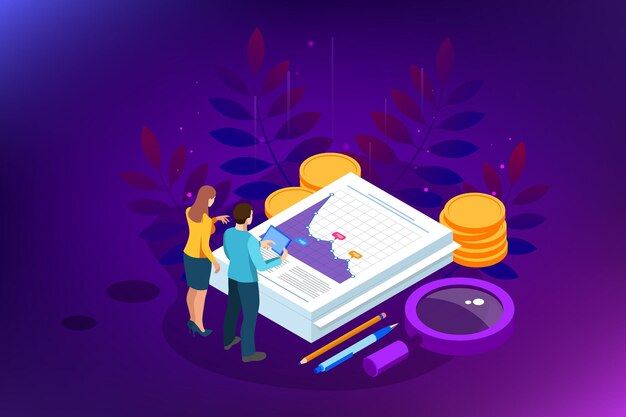 Isometric Analysis data and Investment. Stack of documents with an official stamp and pencils in a glass. Creative landing page design template.