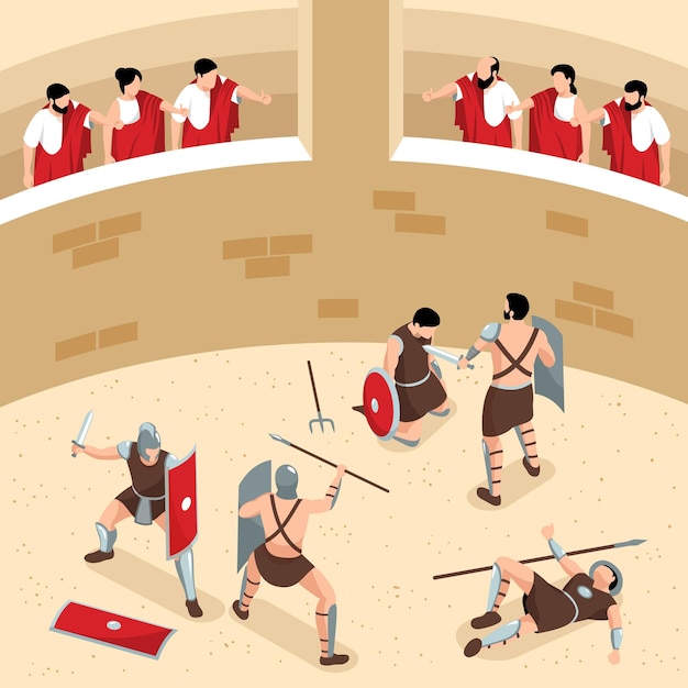 戦いのイラストで観客と戦士とのラウンドアリーナのビューと等尺性古代ローマ剣闘士の構成