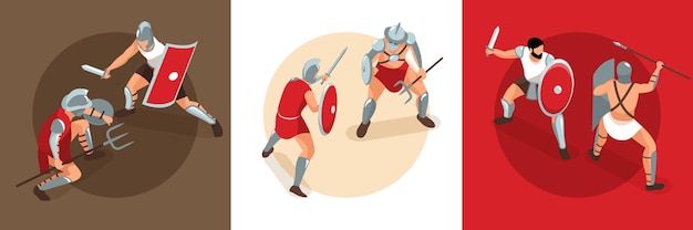 Concetto di design isometrico di gladiatori di roma antica con composizioni quadrate di battaglie di duello con illustrazione di personaggi guerrieri di combattimento