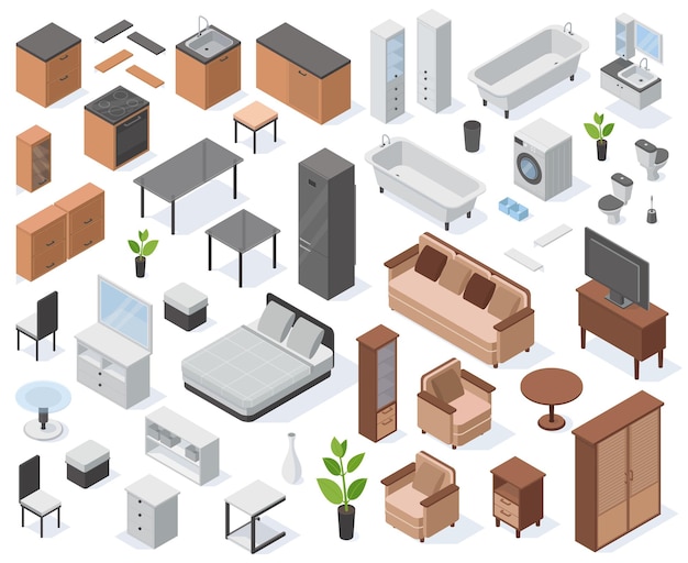 아이소메트릭 아파트 3d 가구 홈 인테리어 요소 현대 거실 주방 및 욕실 요소 벡터 일러스트 레이 션 세트 아파트 인테리어 아이콘 가구 아이소메트릭 집