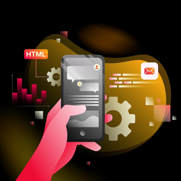 Vector isometric application illustration hand holding smartphone graphs and gears on white background