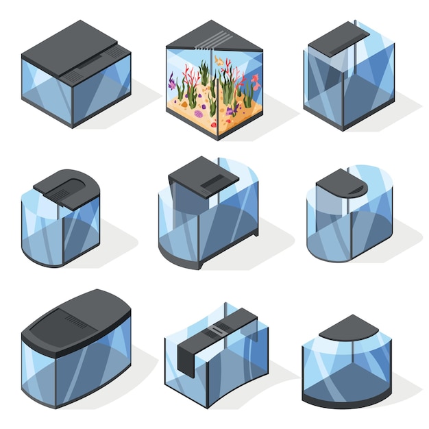 Isometric aquarium in modern minimalistic style and different forms Transparent acrylic plastic or plexiglass box for exhibit Vector illustration empty clear glass showcase on white background